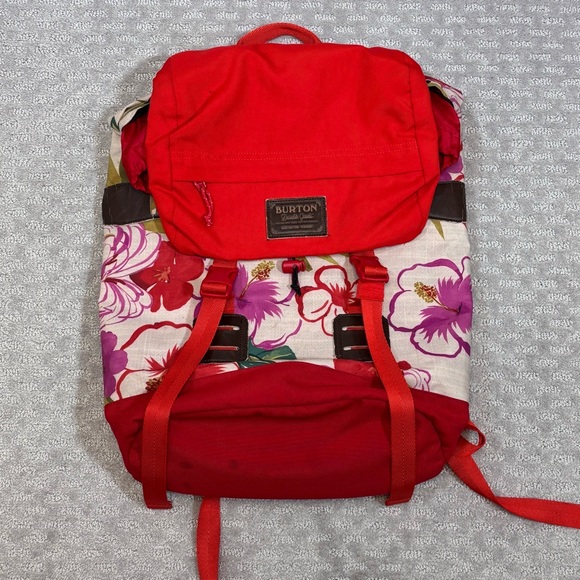 Burton Tinder Backpack Red Floral Snowboarding Rucksack Hiking Daypack  Vintage - Picture 1 of 10
